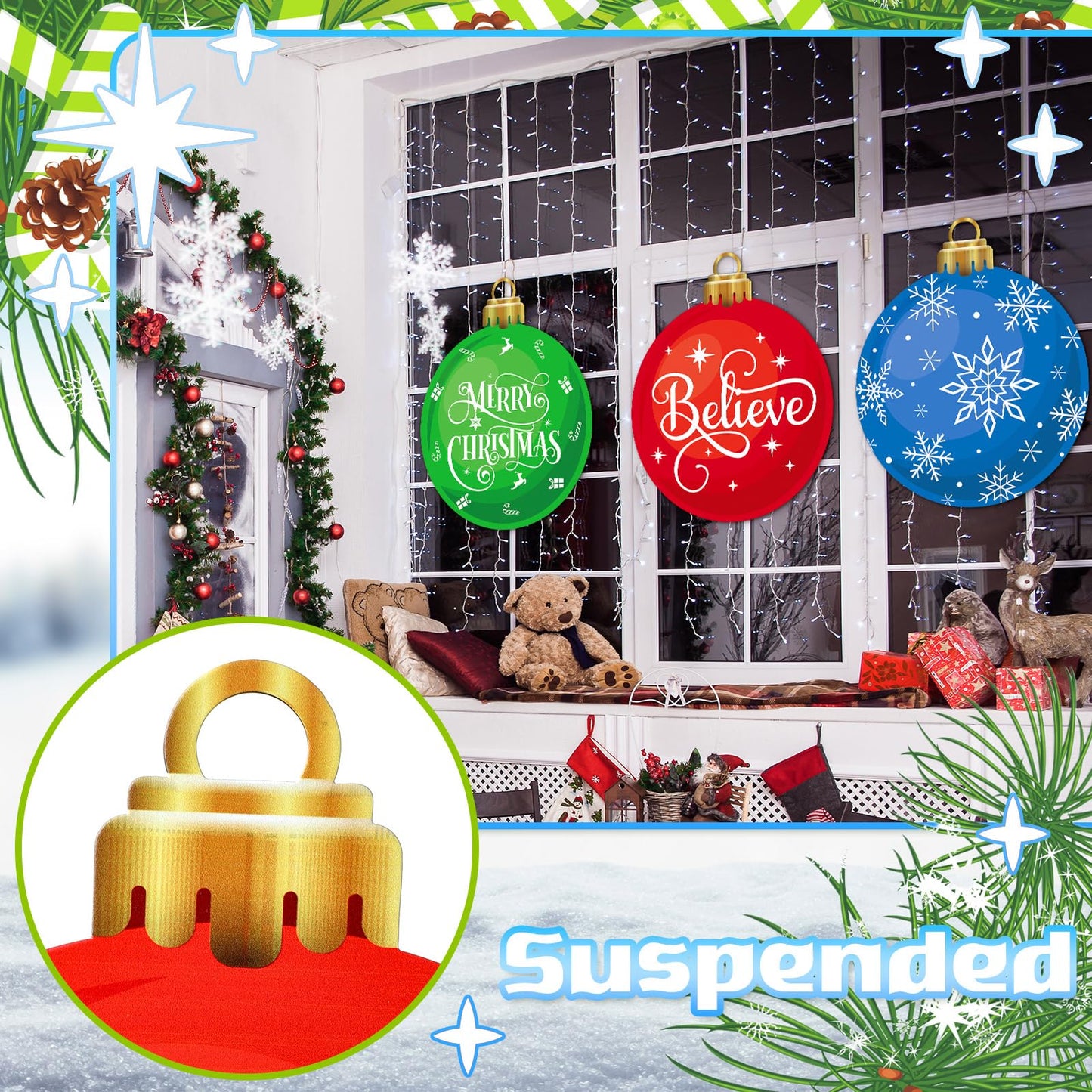 3 Pcs Metal Christmas Balls Yard Signs 20'' H Outdoor Waterproof Snowflake Believe Merry Christmas Yard Sign with Stakes for Outside Porch Patio Lawn Garden Pathway Xmas Holiday Winter Decoration