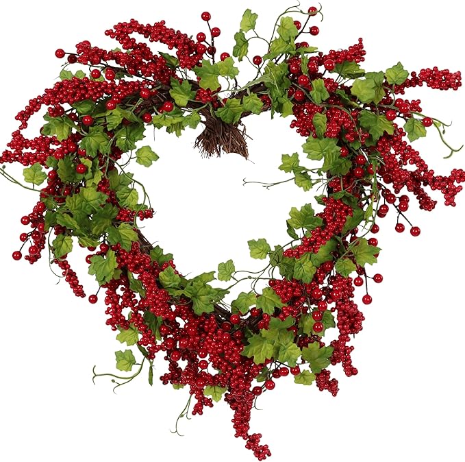 Valentines Day Wreath Heart Wreath with Red Berries Lush Green Ivy, Romantic Front Door Decoration for Spring Mother's Day, Perfect for Weddings & Indoor/Outdoor Farmhouse Décor