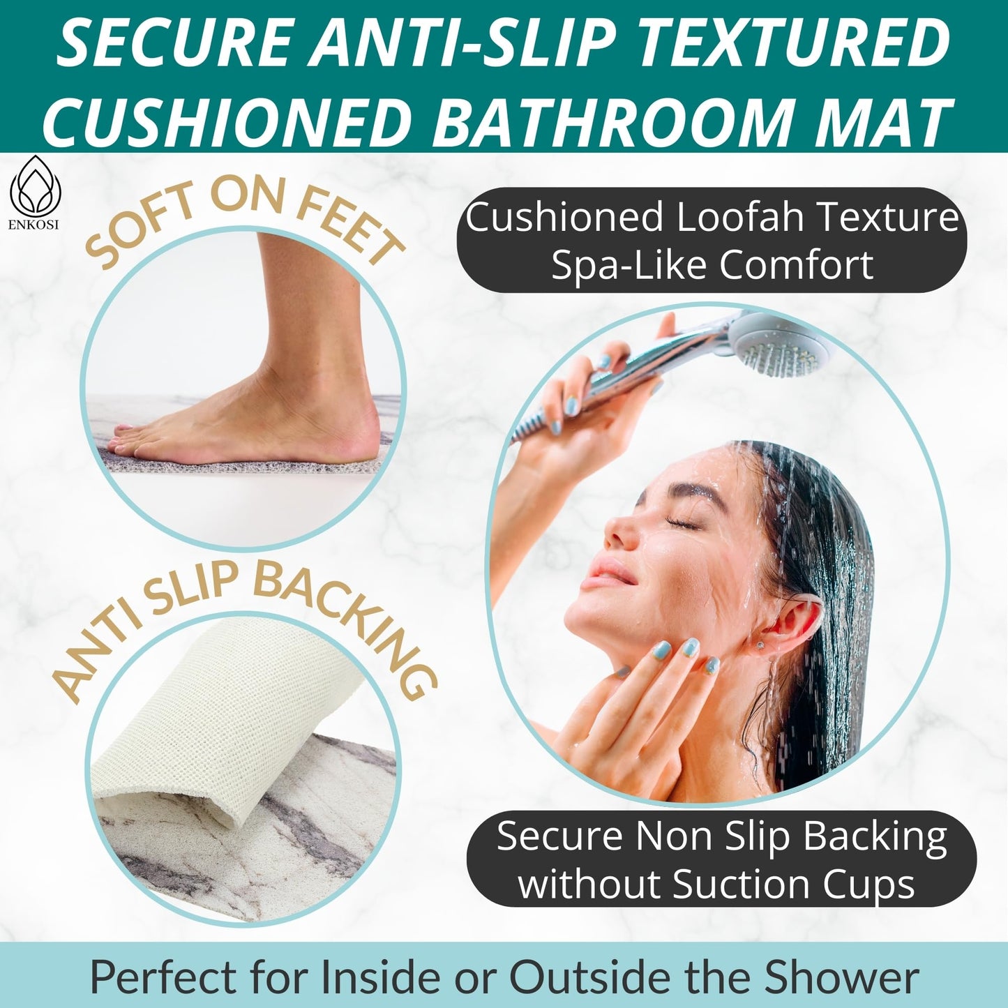 ENKOSI Loofah Non-Slip Shower and Bath Mat - Soft Cushioned Comfort - No Suction Cups for Smooth or Textured Tubs - Fast Draining - Safety for Bathroom, Family, and Elderly (24x16 Marble Grey)