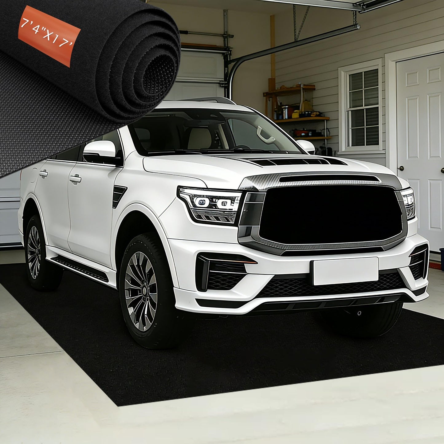 7'4"x17' Oversized Garage Floor Mat - Oil & Fluid Absorbent, Leak-Proof Rubber Backing, Heavy Duty All-Weather Protector for Car Sedan SUV Trucks & RVs, Trimmable Non-Slip