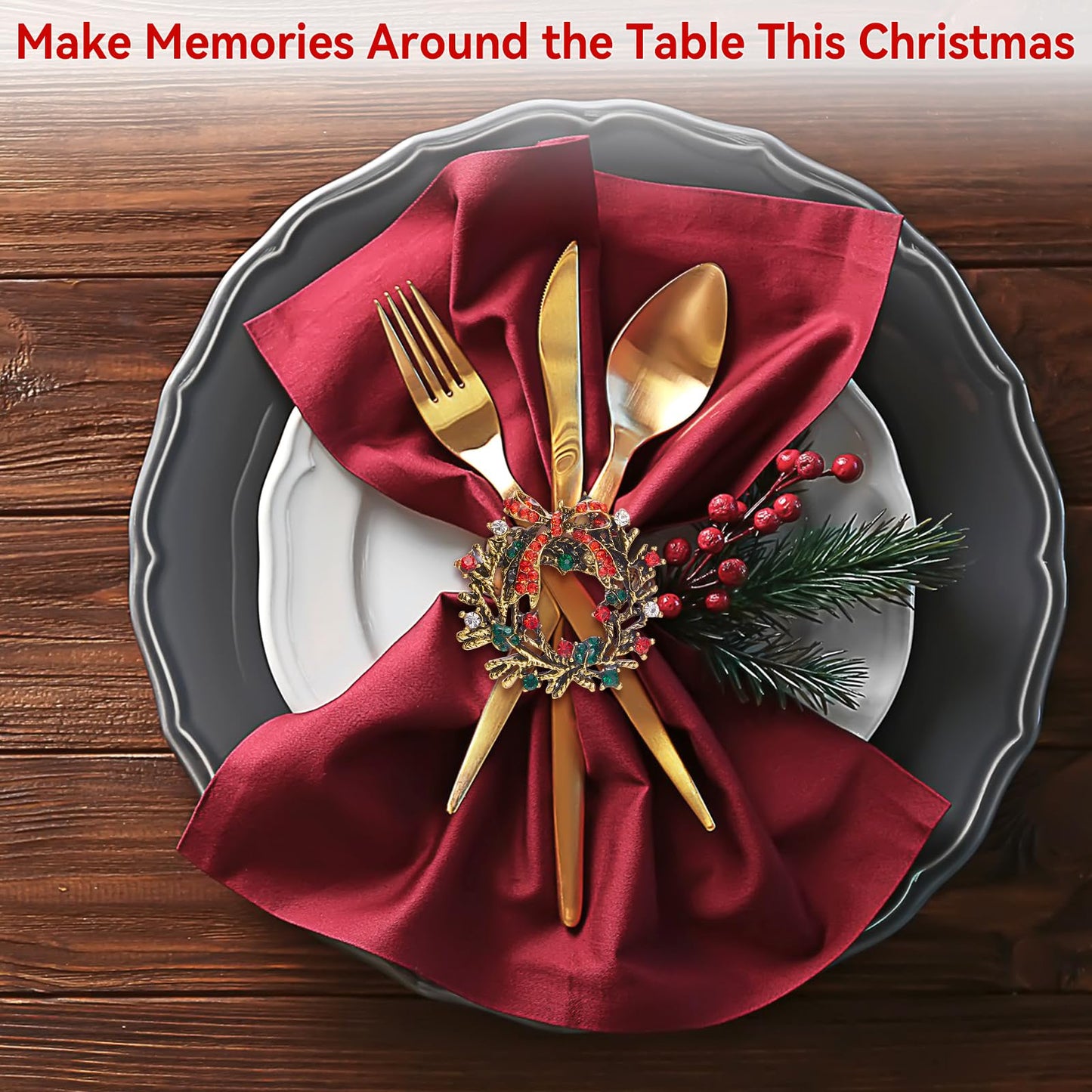 ZeeDix Christmas Wreath Napkin Rings Set of 12, Holiday Rhinestone Christmas Napkin Ring Holders for Cloth Napkins, Napkin Buckle for Thanksgiving Holiday Dinner Table Decor