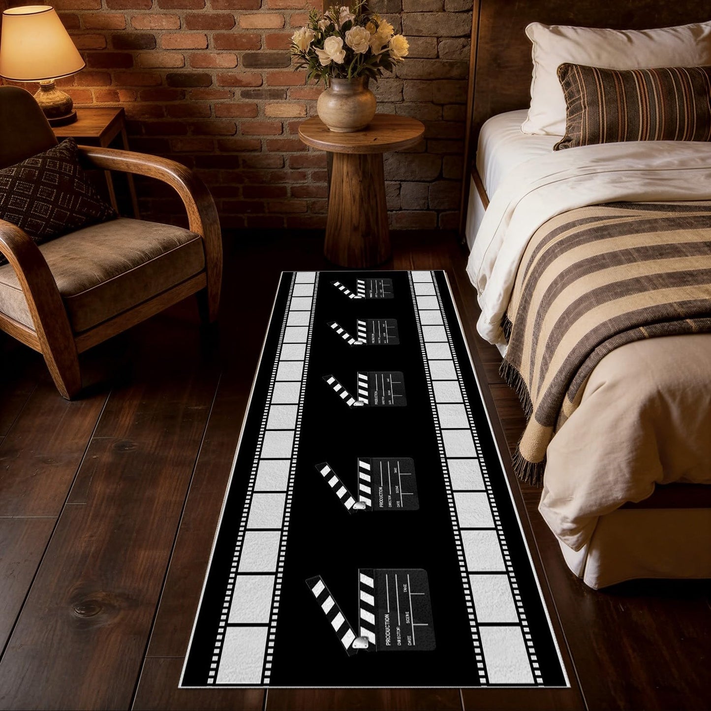Black and White Movie Time Runner Rug, 3x8ft, Home Cinema Theatre Rug, Clapboard Ticket Print Design Rugs, Vintage Non Slip Soft Low Pile Washable Carpet for Bedroom Hallway