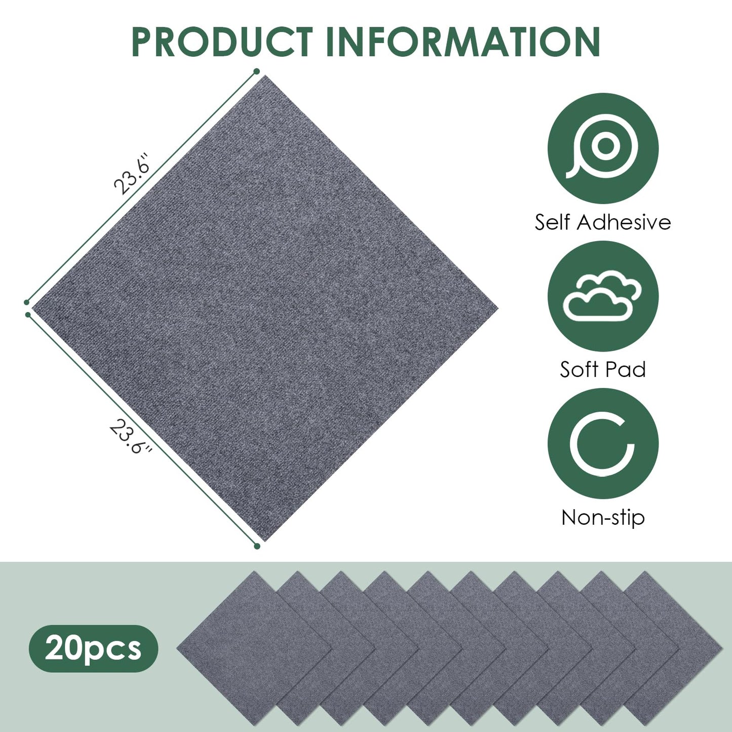 VallisCo Carpet Tile 20 Pack 24” X 24” Self Adhesive Carpet Floor Tiles Anti-Slip Squares Peel and Stick Floor Tile DIY Installation for Bedroom(Dark Grey)