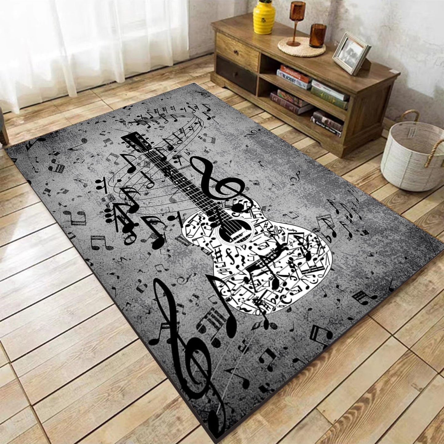 Music Musical Note Area Rug, 4x5ft, Gray Guitar Bass Home Decor Carpet, Soft Durable Fade Resistant Machine Washable Carpets, with Non Slip Backing Non Slip Rugs for Family Living Room