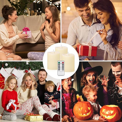 3x4 inch Flameless Candles: Realistic Flameless LED, Battery-Powered Pillar Candles with Remote & Timer, Fake Candles for Fall Decor, (Ivory, 3"*4"-3pcs)