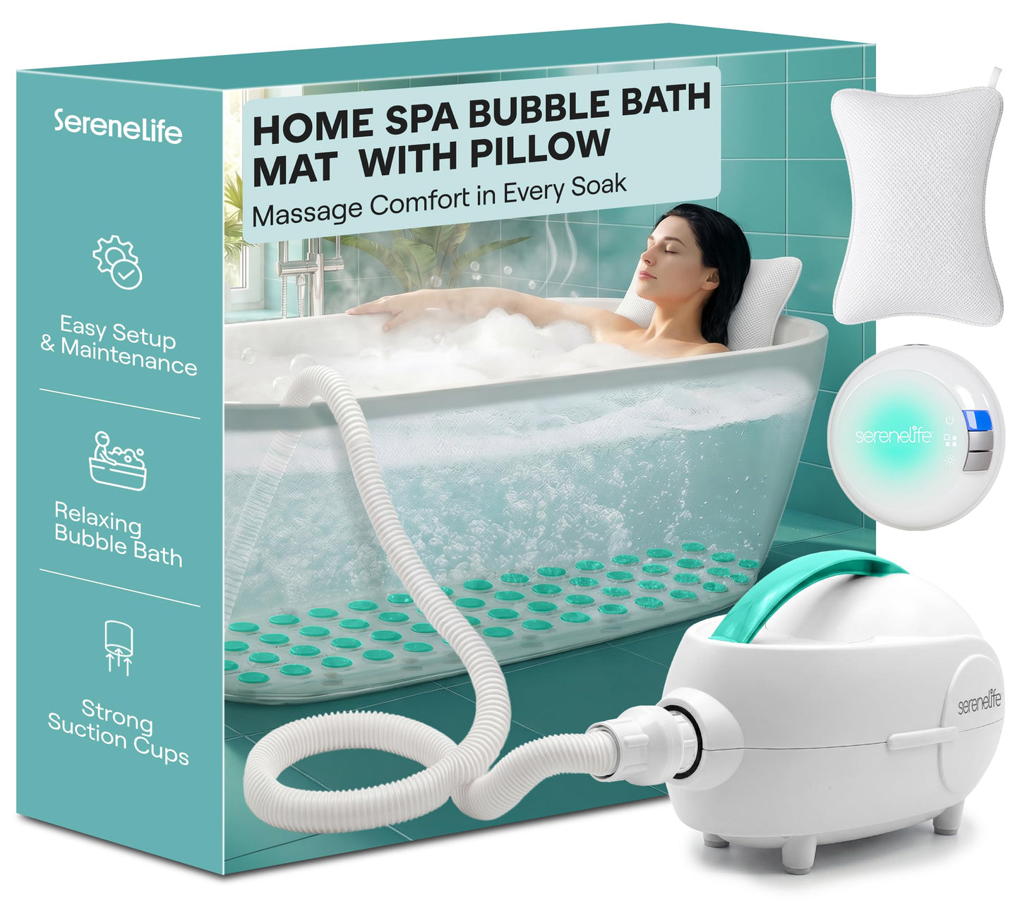 SereneLife Bubble Bath Mat - Portable Spa Bubble Bath Massager with Waterproof Bath Light & Pillow, Adjustable Bubble Intensity, Easy Button Control, Remote Control