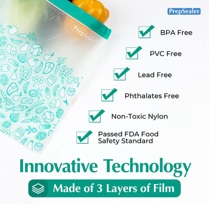 PrepSealer Reusable Food Storage Bags – Keep Fruits, Veggies & Meats Fresh Longer -10 Pieces (3 S, 3 M, 4 L)