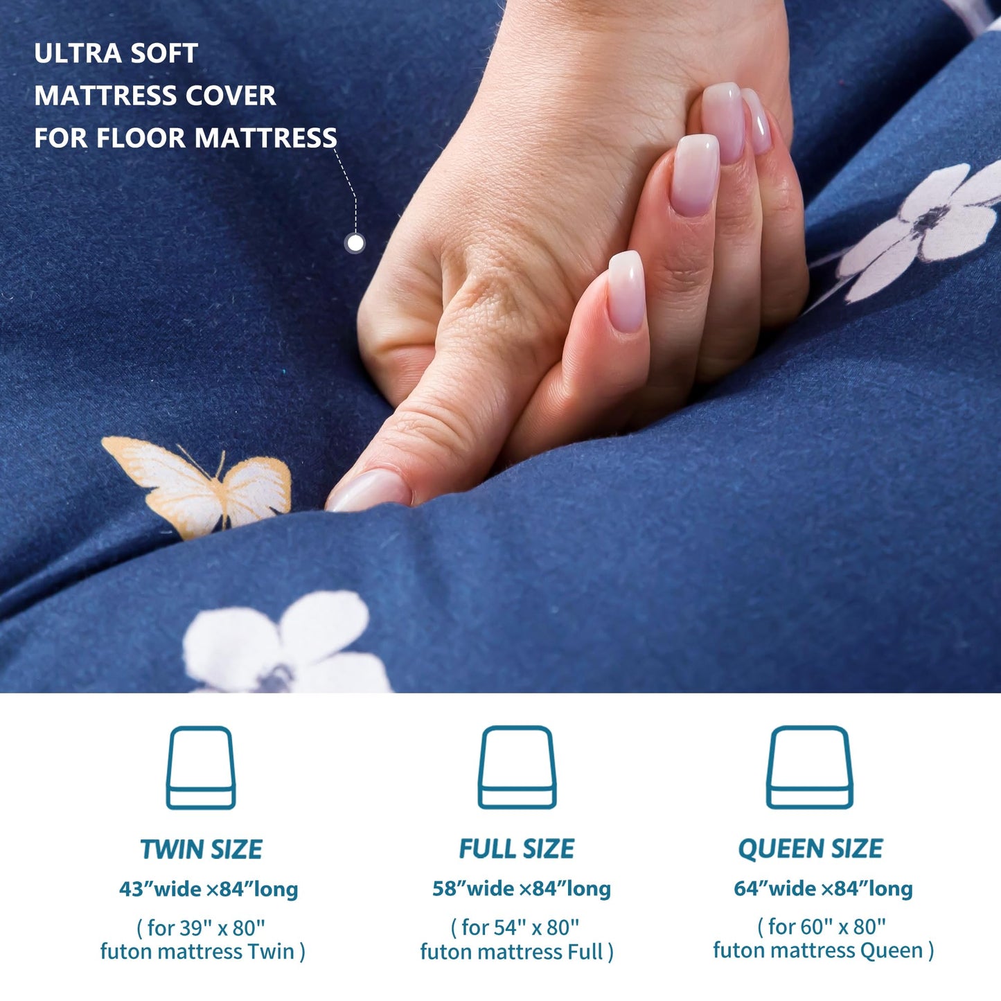 MAXYOYO Mattress Cover for Traditional Japanese Futon Mattress, Futon Floor Mats Cover with Zipper, Super Soft and Machine Washable, Navy Floral, Full