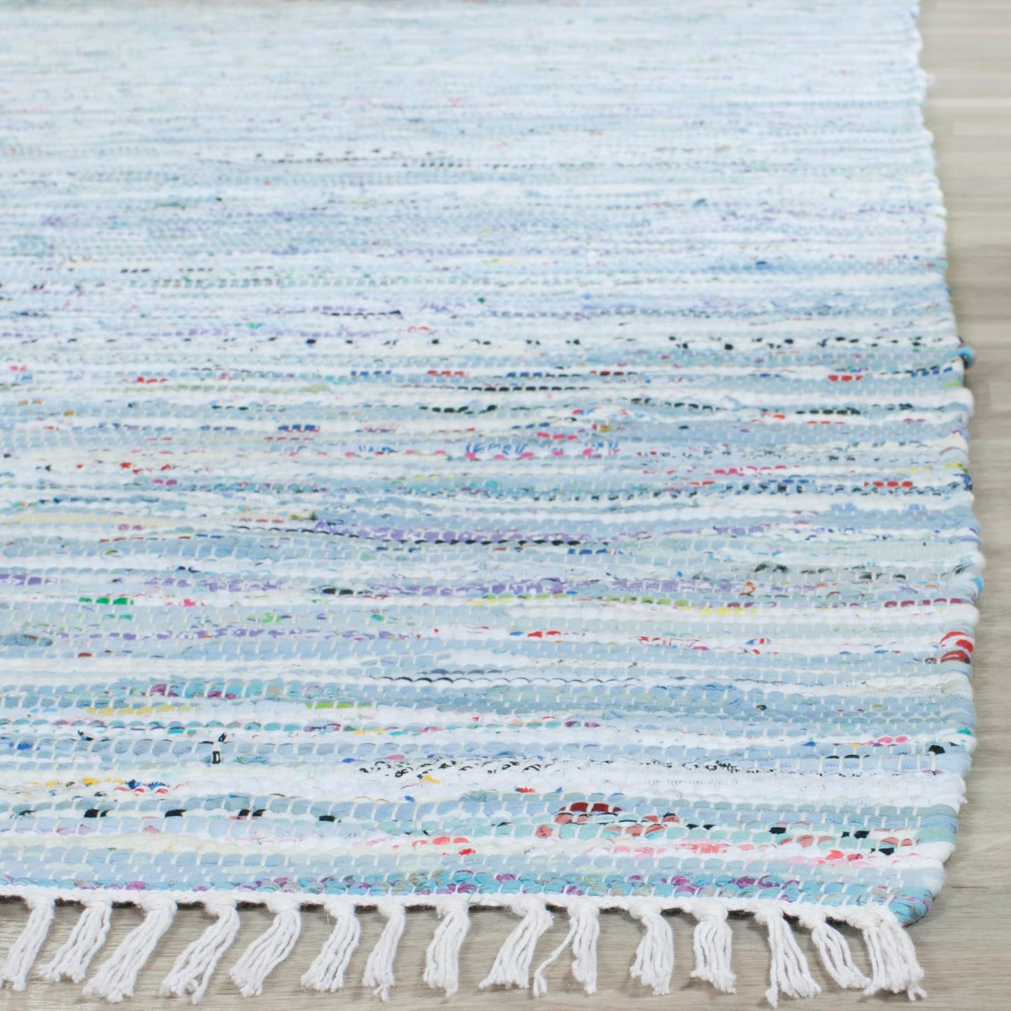 SAFAVIEH Rag Rug Collection Area Rug - 5' x 7', Light Blue & Multi, Handmade Boho Stripe Cotton, Ideal for High Traffic Areas in Living Room, Bedroom (RAR125A)