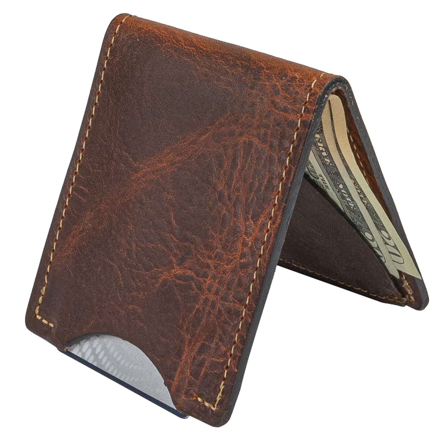 Front Pocket Slim Bifold Wallet for Men | Made in USA | Premium Full Grain Leather Men’s Wallet with Minimalist Design Tobacco Snakebite Brown
