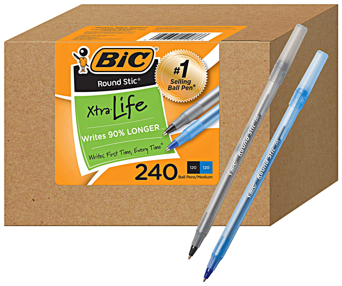 BIC PENS Bulk Pack of 240 Ink Pens, Round Stic Xtra Life Ballpoint, Medium point 1.0 mm, 120 Black & 120 Blue Combo Pack in Bulk