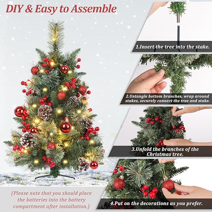 Set of 2 Outdoor Pathway Christmas Trees with Lights, 30in Prelit Battery Operated Artificial Xmas Tree Holiday Décor for Porch, Urn & Planter Filler, Red Berries, Pine Cones, Ball Ornaments