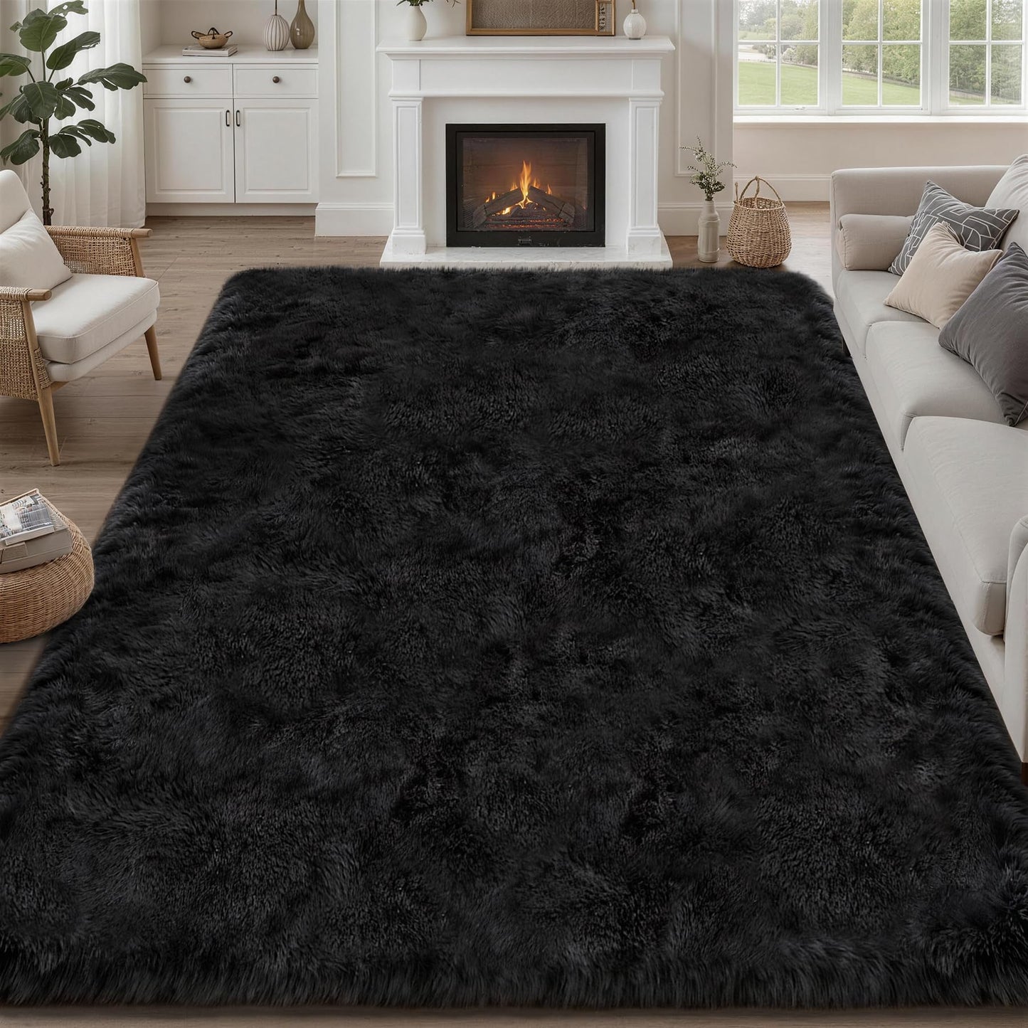 Fluffy Area Rugs 9x12 Living Room Bedroom: Ultra Soft Shag Rug Upgrade Non-Slip Non-Shedding Large Fuzzy Plush Carpet Indoor Floor Carpets for Kids Room Playroom Nursery Dorms Home Decor Black