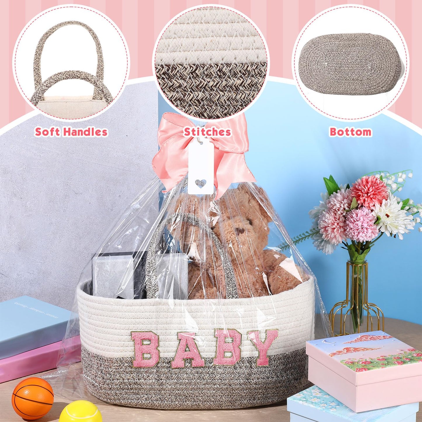 Beeveer Personalized Baby Basket Custom Diaper Caddy Organizer with Bow Portable Cotton Rope Basket Storage for Nursery Baby Shower Christmas Gifts(Pink)