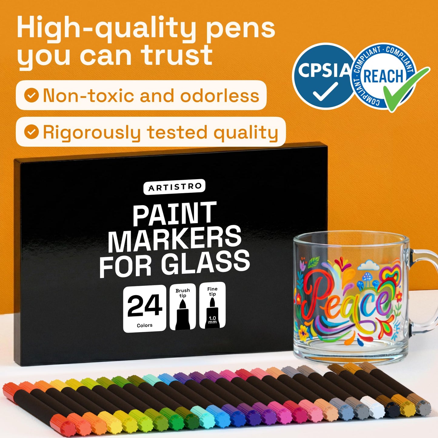 ARTISTRO 24 Glass Acrylic Paint Markers - Erasable Wine Glass Markers - Paint Pens for Windows, Mirrors, Ceramic and Mugs with Brush + Fine Dual-Tip Combo