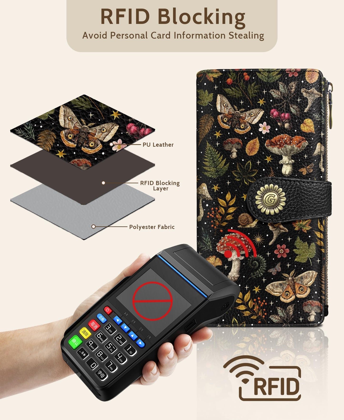 GIANCOMICS Butterfly Mushroom Womens Wallet RFID Blocking, Credit Card Holder Bifold, PU Leather Travel Billfold, Cute Cash Purse, Zipper Coin Pocket Clutch, 11 Card Slots, Ladies Gift Woman