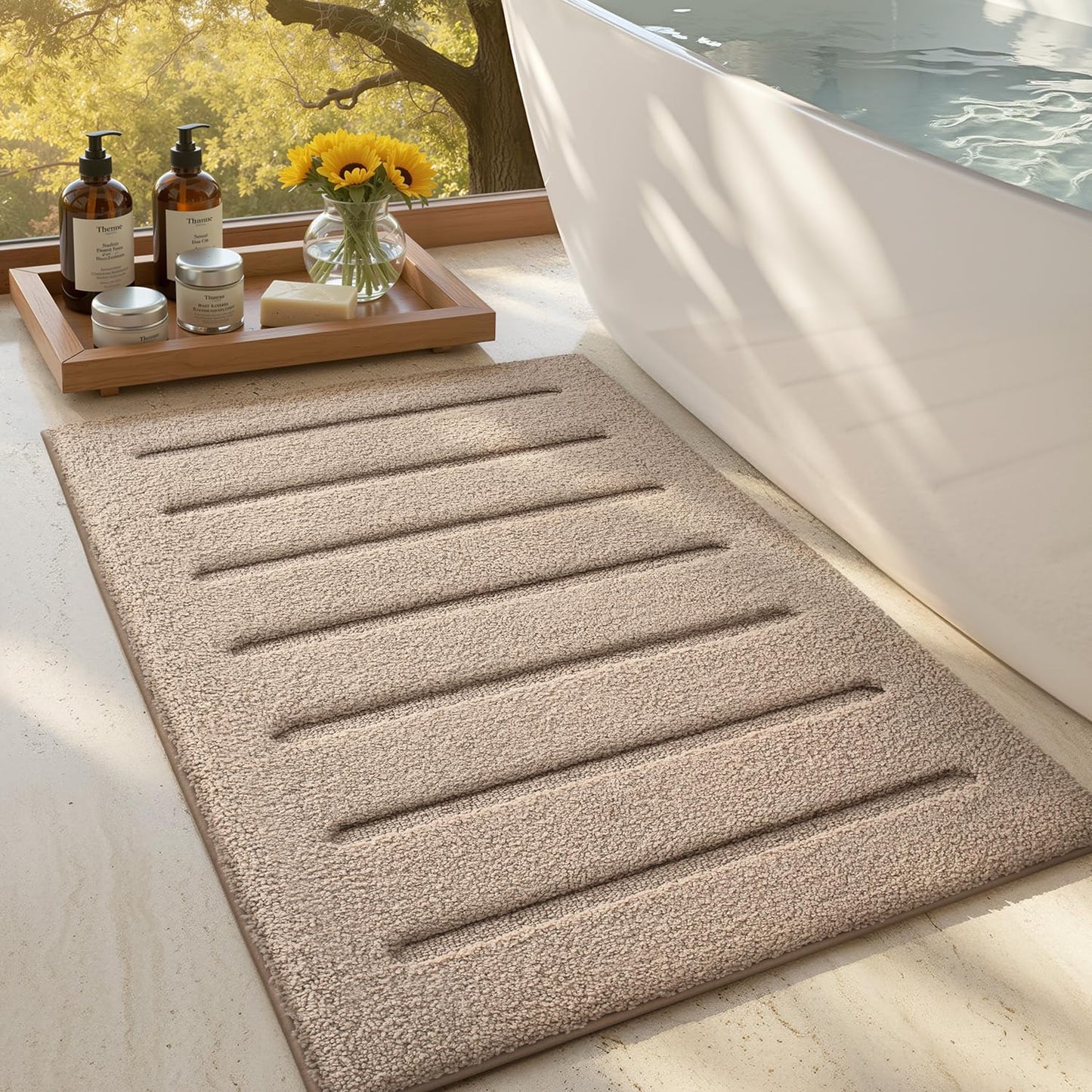 LUMI Non-Slip Skin-Friendly Bathroom Rugs, Hotel Quality Bath Mats for Bathroom, Washable Fluffy Shower Mat, Minimalist Luxury Striped Style,Ideal for Floor, Shower Tub, Entryway, 17"x30", Beige