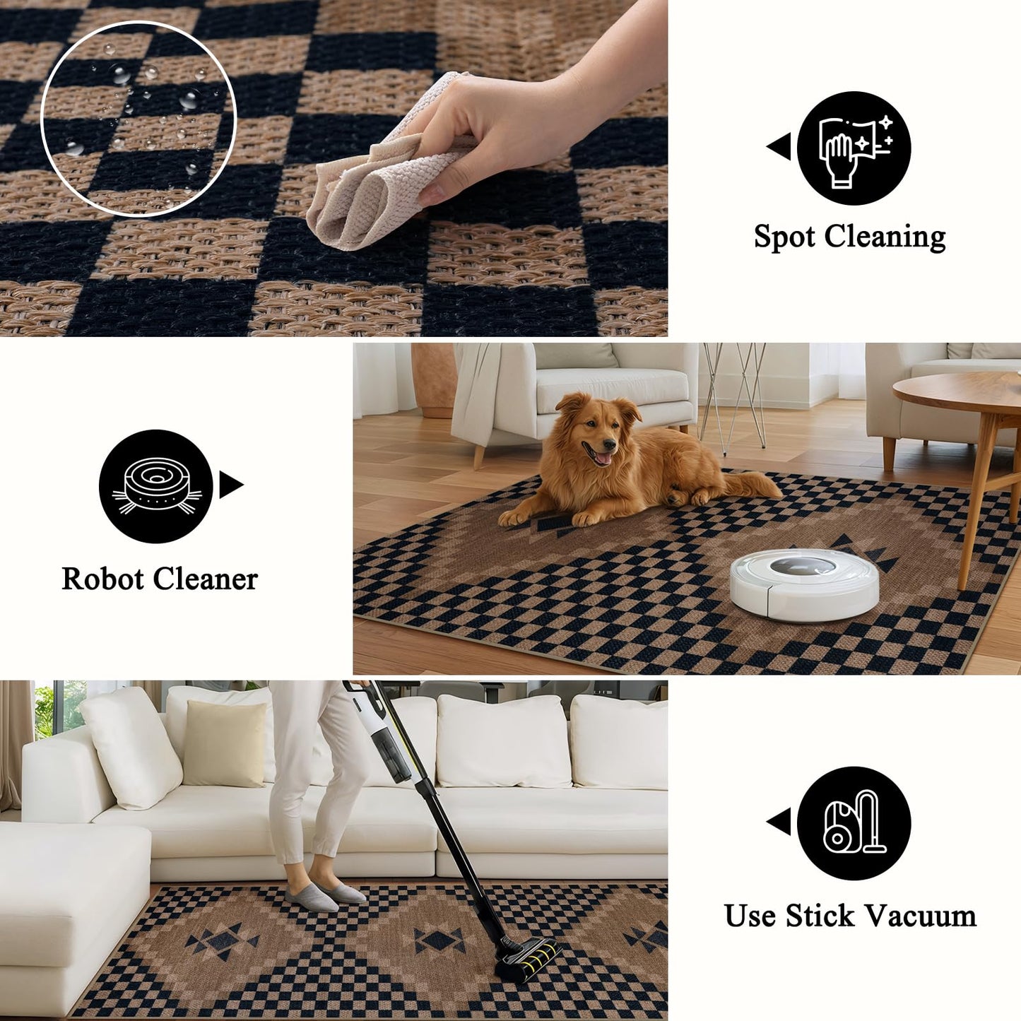 LIVEBOX Easy Jute Runner Rug for Entryway, 2x6 Runner Rug Kitchen Rugs Non Slip, Washable Black Checkered Indoor Runner Rugs for Laundry Room Bedroom, Carpet Runners for Hallway 6ft