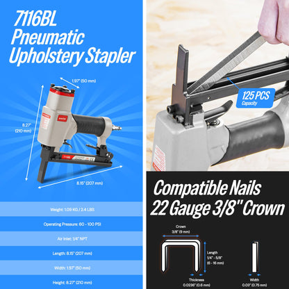 meite 7116BL Pneumatic Upholstery Stapler with Long Nose-1/4-Inch to 5/8-Inch 22 Gauge 3/8'' Crown Fine Wire Stapler