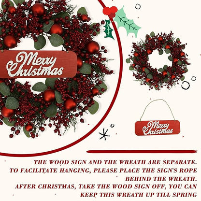 YNYLCHMX 20 Inch Christmas Wreath for Front Door, Winter Wreath with Welcome Sign Pine Needle Red Berry Ornaments, Artificial Door Xmas Wreaths for Window Fireplace Farmhouse Holiday Party Decoration