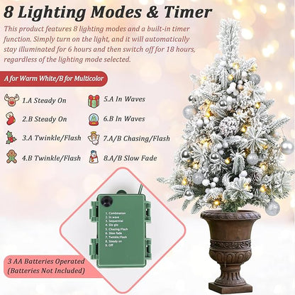Set of 2 30 Inch Prelit Outdoor Christmas Trees, Artificial Battery Operated Snow Flocked Xmas Tree with Stake, Silver Berries, Pine Cones, Ball Ornaments, 8 Lighting Modes & Timer Included