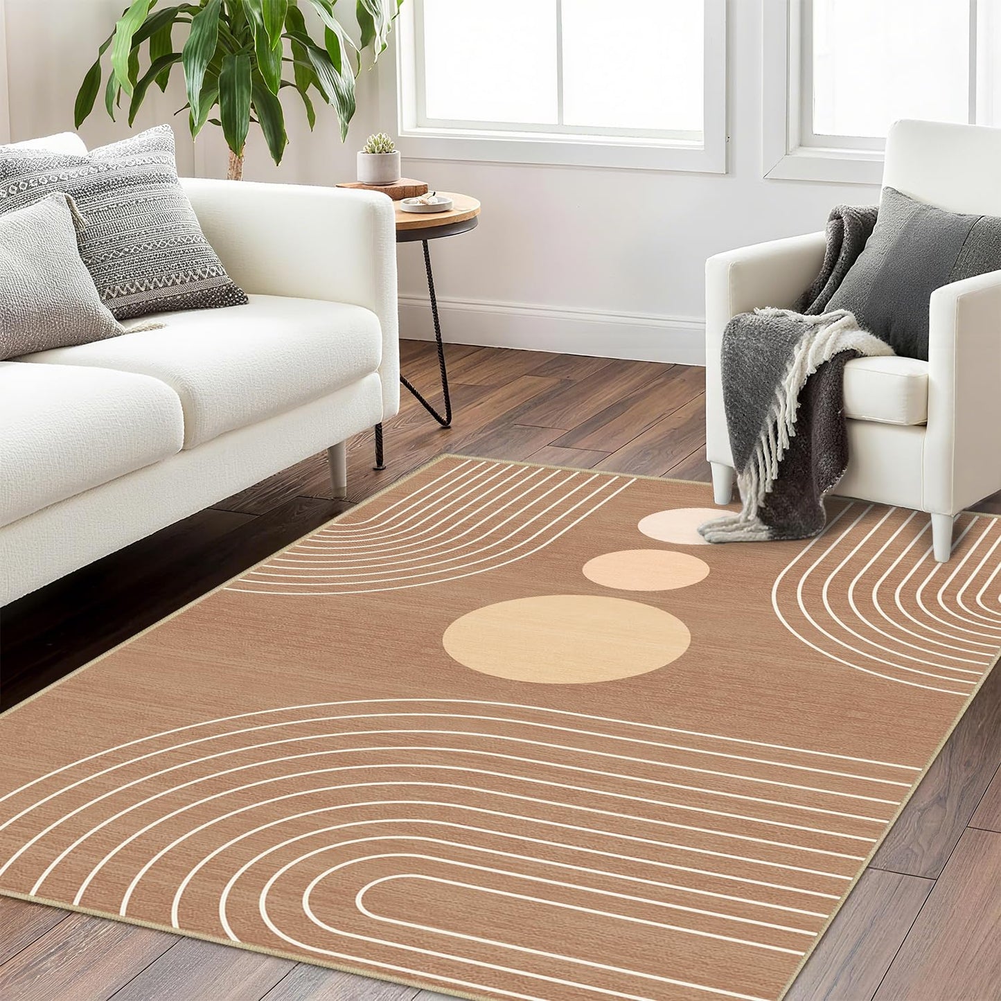 Boho Rug 3x5 Modern Geometric Minimalist Abstract Line Area Rug for Entryway Living Room Brown Mid Century Modern Machine Washable Non-Slip Printed Low-Pile Floor Carpet for Kitchen Bedroom Brown