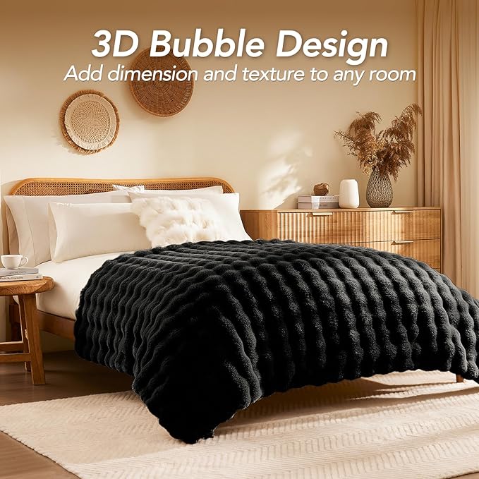 L'AGRATY Faux Rabbit Fur Blanket: 90" x 90" Queen Luxury Soft Fluffy Thick Fur Throw Blanket for Couch Bed Sofa - Cozy Plush Bubble Blankets for Winter: Flannel Fleece Decorative Blanket(Black)