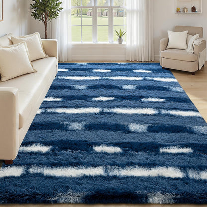 FALARK Shag Blue Striped Area Rug for Boys Room, 4x6 Feet Fluffy Soft Plush Rug for Kids Bedroom Decor, Indoor Non Slip Washable Carpet, Shaggy Carpets for Living Room, Playroom, Nursery