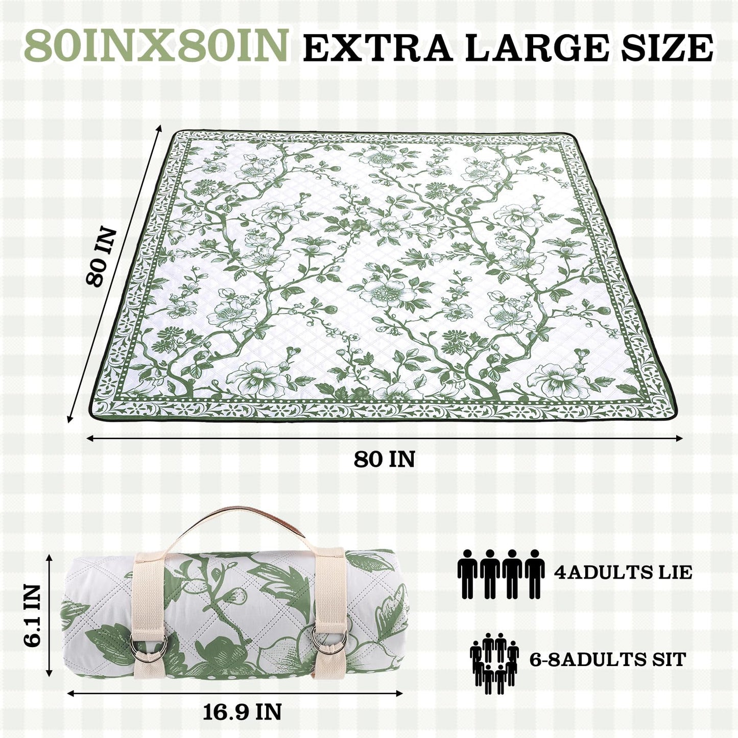 Newwiee 80 x 80 Inch Green Floral Picnic Blanket Extra Large Outdoor Chinoiserie Picnic Mat with Carry Strap Waterproof Sandproof Blanket Foldable Portable for Beach Camping Grass Lawn Park