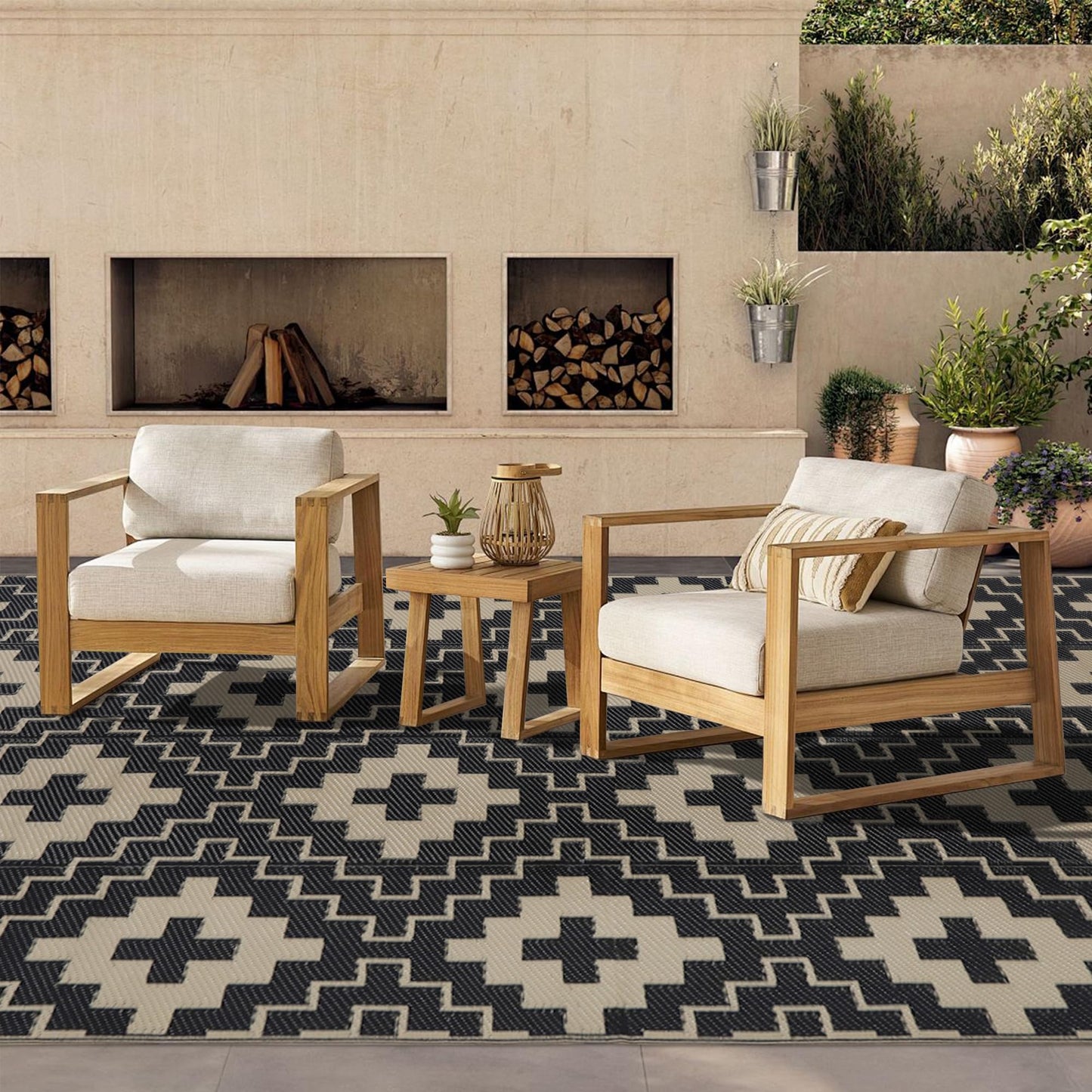 SAND MINE Waterproof Outdoor Rug 5x8 ft, Reversible Plastic Straw Area Rug, Large Floor Mat for Patio, Backyard, Deck, RV, Camping, Picnic, Beach, Balcony & Porch - Black & Beige