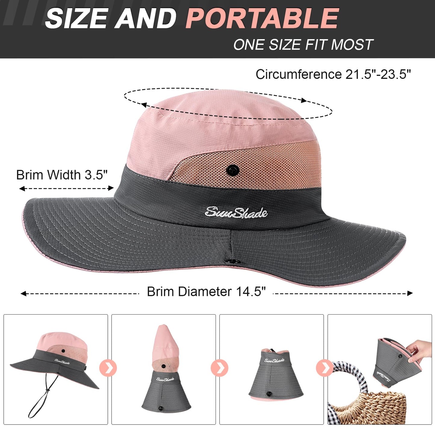 Sun Hats for Women, Wide Brim Beach Bucket Hats with Ponytail Hole, Outdoor UV Protection Foldable Fishing Hat Cooling Mesh Hiking Bucket Hat, Pink
