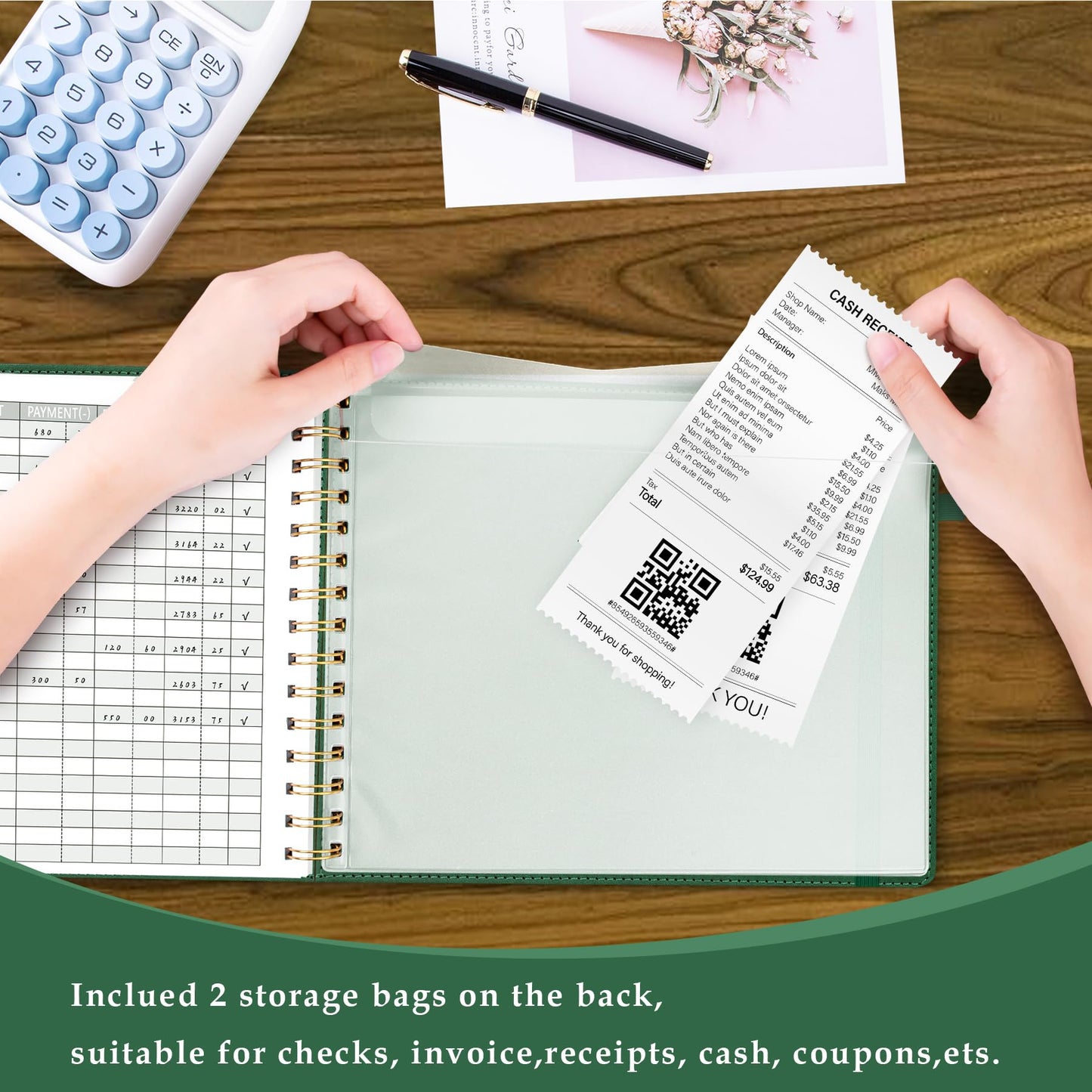 AKONEGE Accounting Ledger Book for Personal & Small Business Bookkeeping, Horizontal Income and Expense Tracker Notebook with Calendar, Hardcover Columnar Log Journal 10.78" x 8", Dark Green