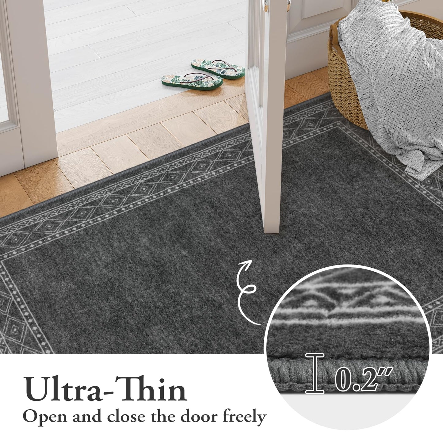 Lahome Modern Bordered Machine Washable Rug, Ultra-Thin Soft 3x5 Rugs for Bedroom Entryway Living Room, Non-Slip Stain Resistant Small Carpet for Laundry Entry（3'x 5',Gray