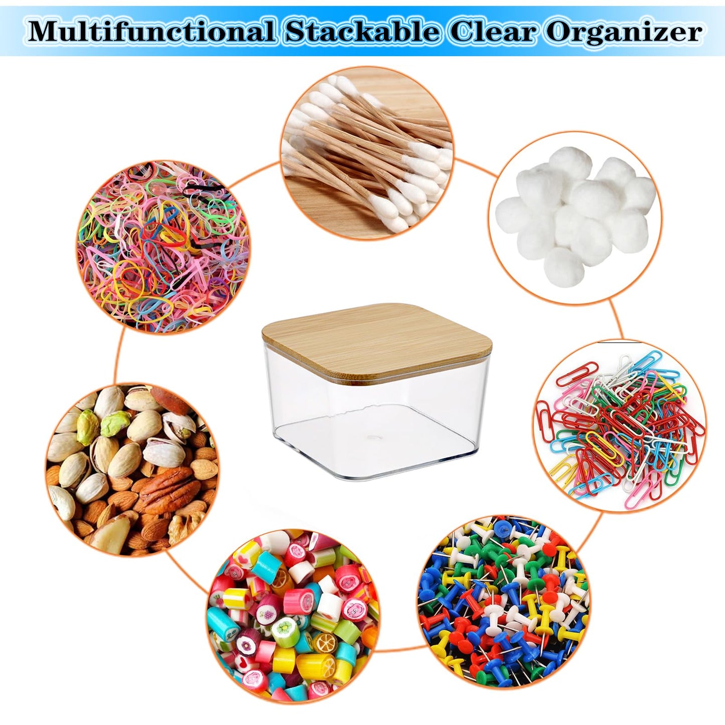 BTSKY 2 Pack Clear Stackable Paper Clip Holder with Bamboo Lid Paperclip Box Plastic Cute Office Supply Accessory Organizer Square Small Storage Holder Cute Qtip Holder for Office Bathroom Vanity