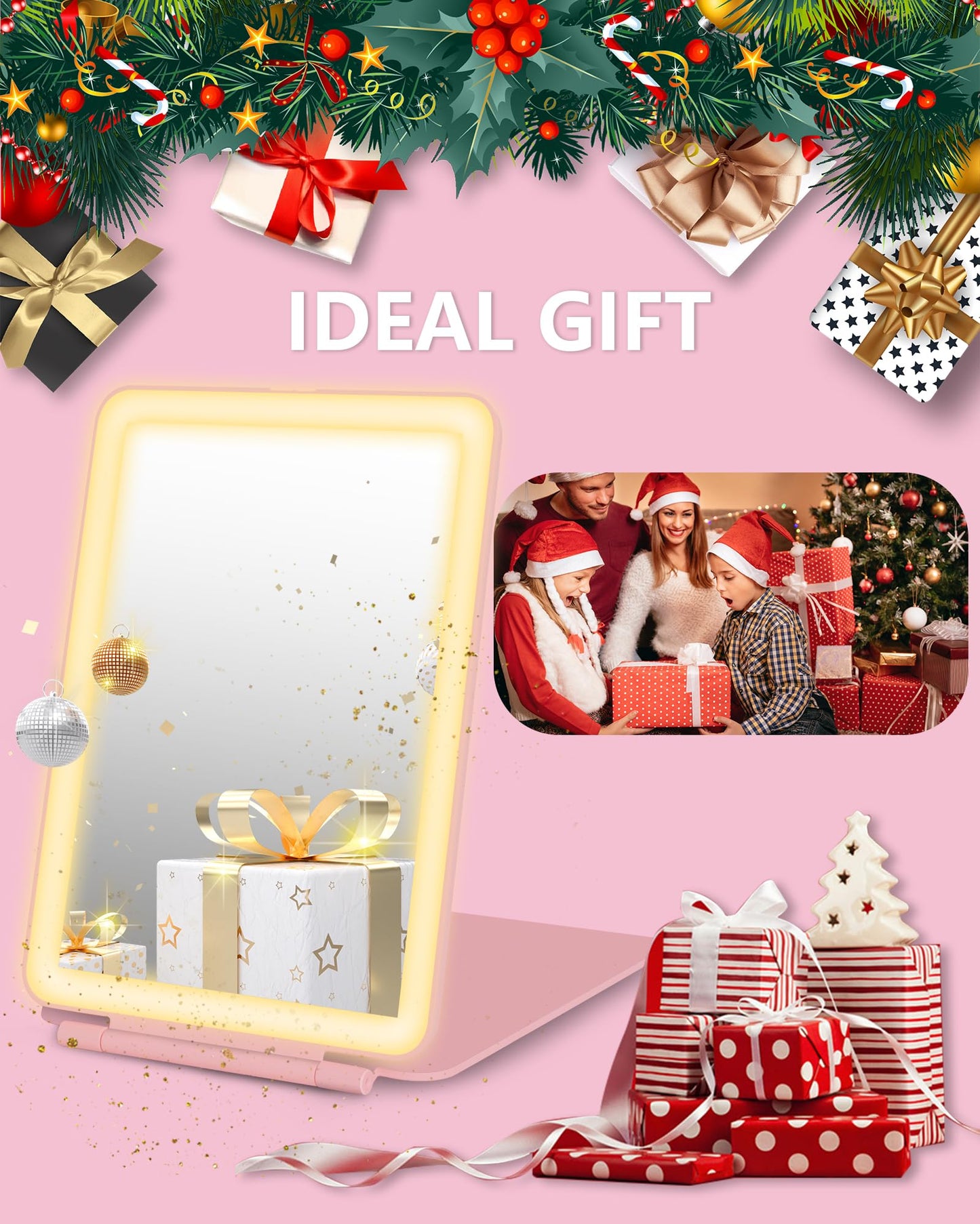 Travel Mirror with Lights Makeup Mirror Touch Screen 3 Colors Light 72 LEDs Rechargeable, 1000mHA 7.9x5.3-Inch Desk Compact Mirror White
