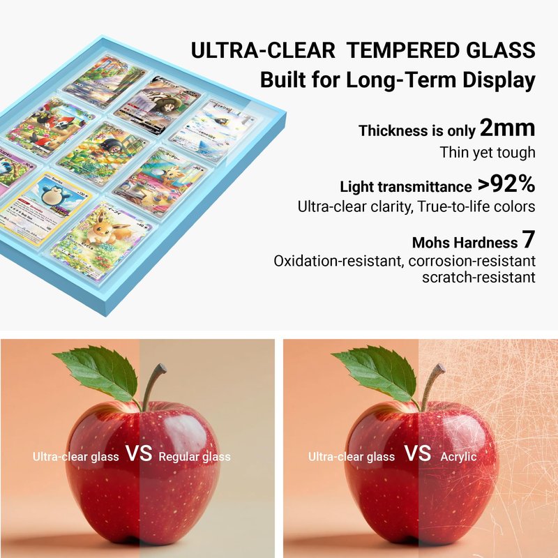 Glacier Blue 9-Card Display Case, Seamless Aluminum Frame with Tempered Glass for Graded Cards, Baseball Football Basketball Sports Card & TCG, Wall Mount Trading Card Frame, Includes 9 Shell Holders