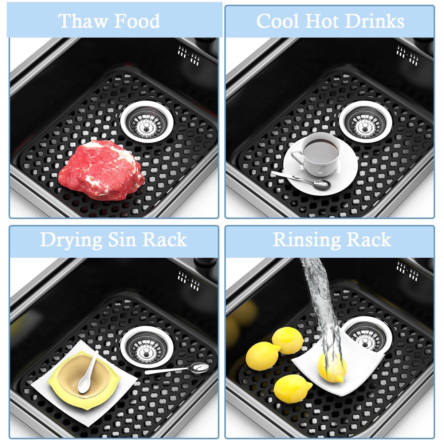 BEHOK 2 Pack Silicone Sink Protector for Kitchen Sink, 13.58" x 11.6" Heat-resistant Sink Mat Non-Slip and Durable Silicone Protectors, Rear Drain, Black
