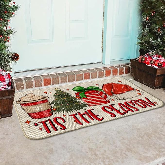 Christmas Hat Front Door Mat Indoor Outdoor Entrance 17x29, Tis The Season Xmas Winter Washable Non-Slip Rubber Red Doormat Inside Outside Entrance, Welcome Floor Mat for Home Holiday Decor AH32