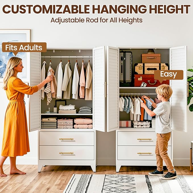 Metal Armoire Wardrobe Closet, 71" Clothing Storage Cabinets with Adjustable Hanging Rod and Shelves , Louvered Doors, 2 Side Hooks & 2 Drawers - Closet Cabinet for Bedroom, Laundry Room, Cloak Room
