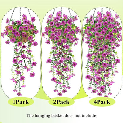 Artificial Fake Hanging Flowers Plants for Outdoor Spring Summer Decoration, 4pcs Faux Silk Realistic UV Sun Resistant Daisy for Outside Porch Patio Window Box Yard Home Decor (Purple)