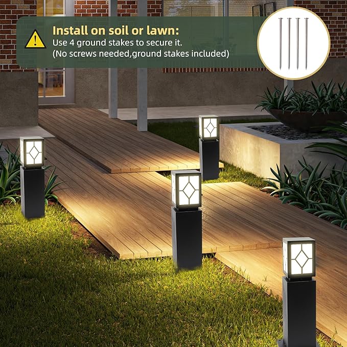 2Pack Landscape Path Lights 24" IP65 Waterproof Bollard Lights, Heavy Duty Steel Stable Widened Base E27 Lamp Holder, Modern Outdoor Path Lights Bollard for Lawn, Patio, Courtyard, Driveway, Lozenge