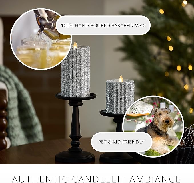 Luminara Brilliant Silver Glitter Ribbed Flameless LED Candle Moving Flame Pillar, Real Wax, Flat Top, Timer (3.25" x 6.5")