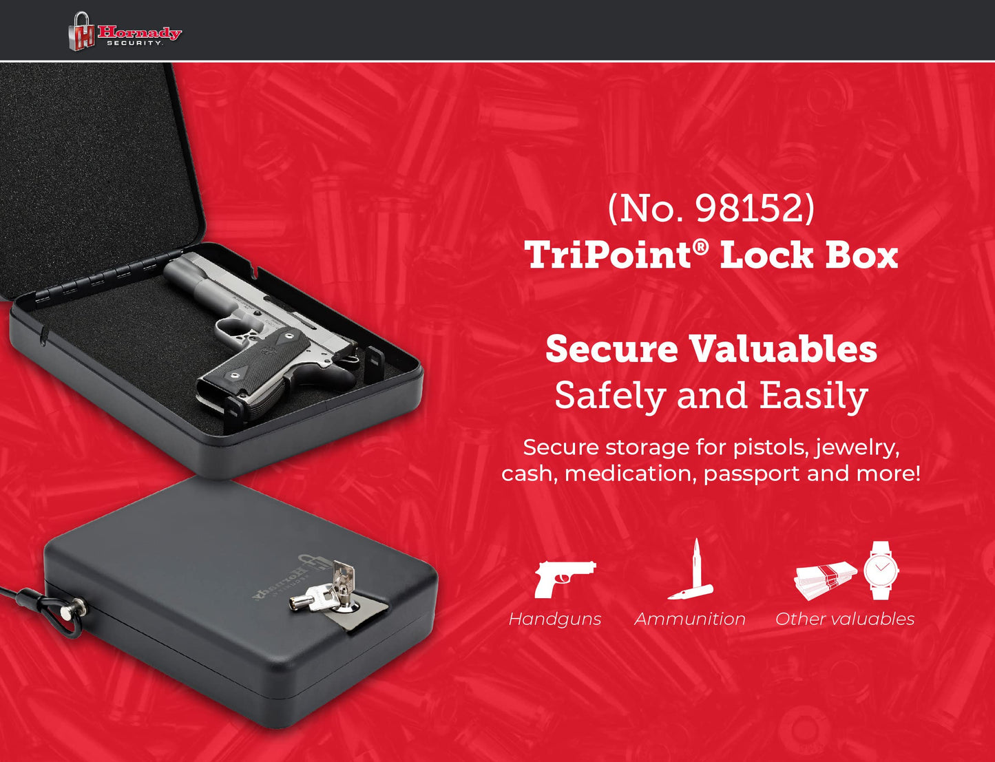 Hornady Steel Keyed TriPoint Lock Box, Portable Gun Lock Box, Travel and In-Home Security Box for Valuables, Approved by TSA for Air Travel- XL, 10 x 8 x 3 inches- 98152,Black