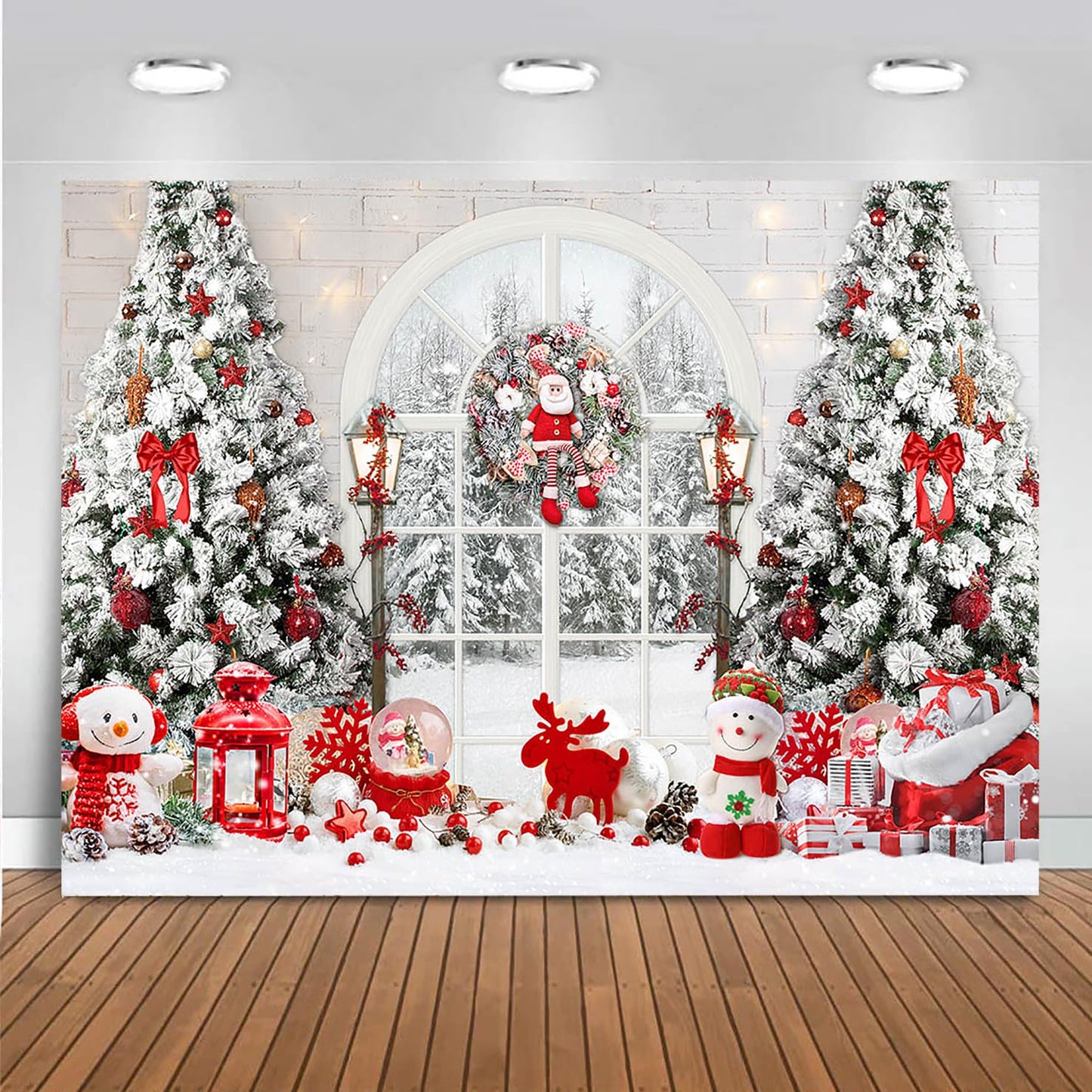 Mocsicka Christmas Window Backdrop Snow World Santa Claus Snowman Photography Background Christmas Tree New Years Kids Family Party Decoration Props Portrait Photo Studio Props (8x6ft)
