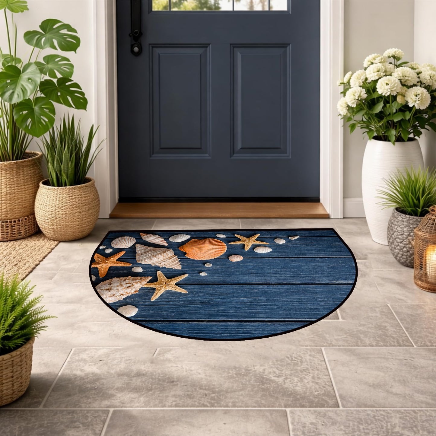 NYZE Half Circle Door Mat Indoor Outdoor Three-Proof Velvet Semi Circle Rug, Non-Slip Half Moon Entryway Rug for Bathroom, Kitchen, Half Round Door Mat (Seashell on Blue Wood, 24x36 inch)