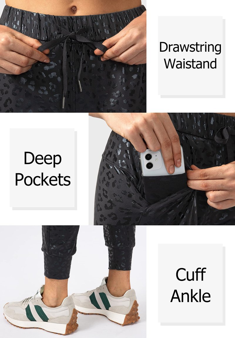 SANTINY Women's Joggers Pants Pockets Drawstring Running Sweatpants for Women Lounge Workout Jogging(Black Leopard_L)