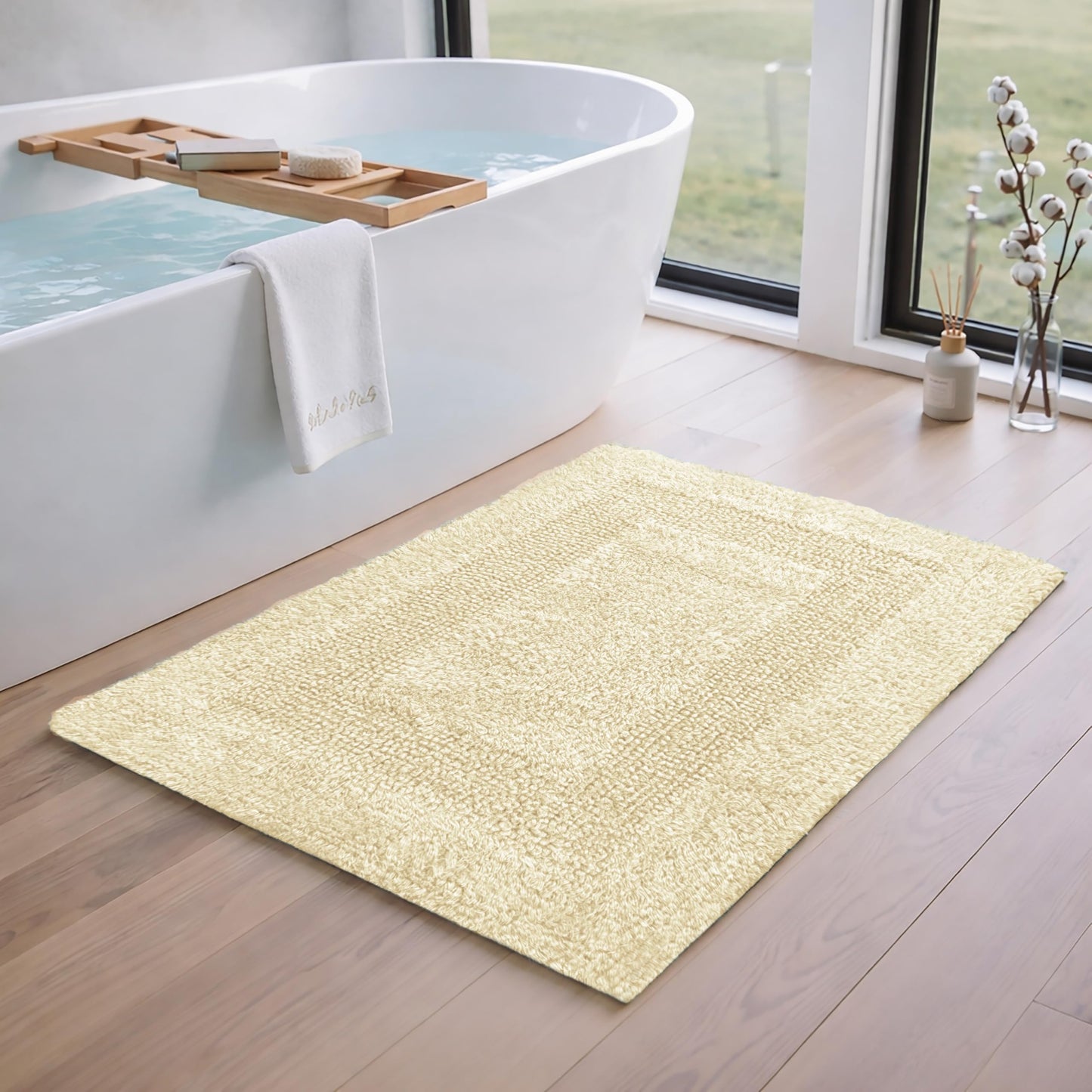 Cotton Reversible Bathmat Rug Set of 2, 21x32/17x24 Inches - Light Yellow, Quick Dry Water Absorbent Hotel Quality Bath Rugs Ideal for Kitchen, Bathroom, Toilet | Spa Style Ultra Soft Mat for Washable