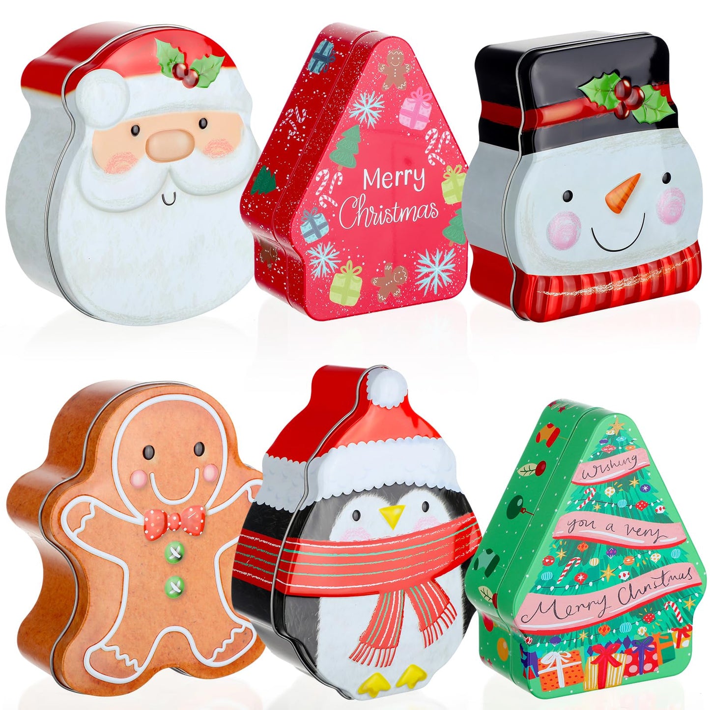 Tioncy 6 Pcs Christmas Cookie Tins with Lids Christmas Containers Santa Snowman Gingerbread Penguin Christmas Tree Metal Cookie Jar Xmas Cookie Boxes for Storing Candy Chocolate Biscuits Holiday Gifts