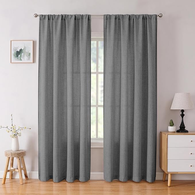 Tollpiz Linen Curtains Bedroom Rod Pocket Semi Sheer Curtain Burlap Light Filtering Thick Linen Drapes for Living Room, 54 x 84 inches Long, Dark Grey, Set of 2 Panels