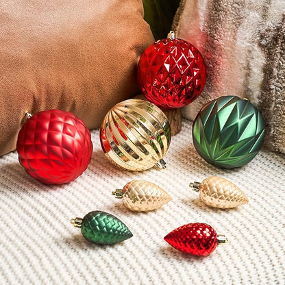 JORNOY Christmas Tree Ornaments, 4inch/100mm Shatterproof Ornaments for Christmas Tree Set - Large Plastic Decorative Hanging Balls Ornaments for Xmas Tree Decorations Party, 12ct (Red & Green & Gold)